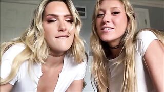 Two girls share the same big dick in an intense lesbian threesome