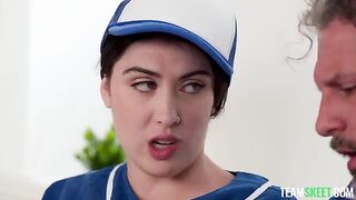 An aged guy has sex with a young beauty in clothes