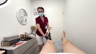 A hot nurse smoothes her client's pubic area before sucking him off