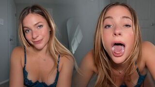 A cute girl has a thread of saliva on the floor when she can’t handle it