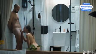 The couple enjoys each other in the shower stall very hot