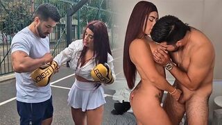 The beautiful girl is having fun with her personal trainer