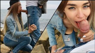 A hot blonde girl skillfully fucks with her mouth on the beach - Veronika Charm