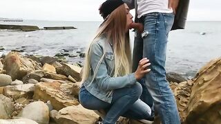 A hot blonde girl skillfully fucks with her mouth on the beach - Veronika Charm
