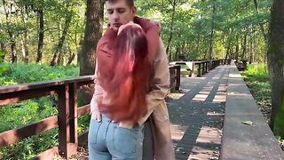 Couple engaged in public anal sex with a plug and blowjob action