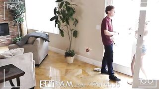 A step sister is caught sneaking into a room for sex in a spy family scenario