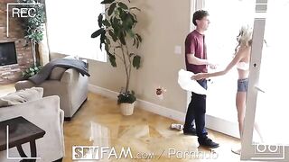 A step sister is caught sneaking into a room for sex in a spy family scenario