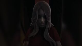The girl with a red eye scares you in cowgirl pose
