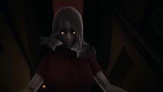 The girl with a red eye scares you in cowgirl pose