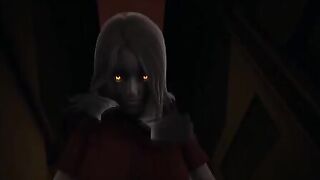 The girl with a red eye scares you in cowgirl pose